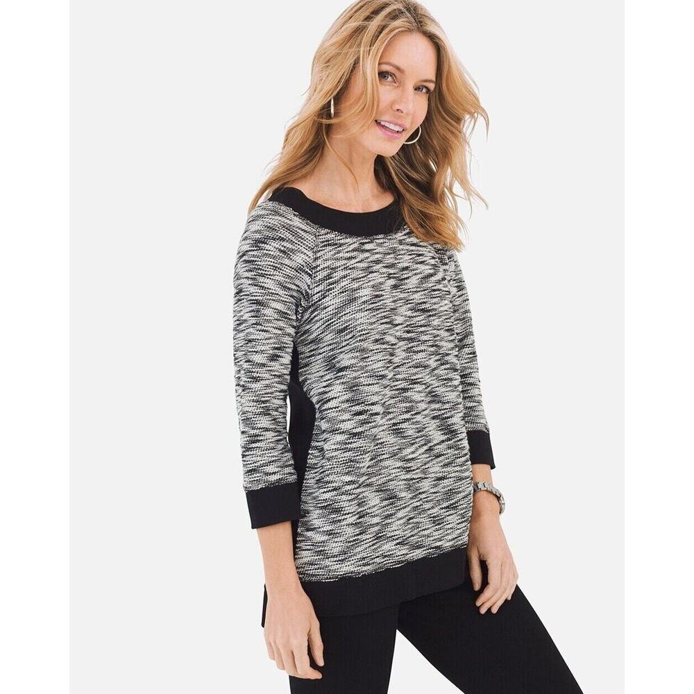 Chico's Zenergy Black Spacedye Knit Zip-Back 3/4 Sleeve Tunic Top Womans Sz 2 Lg